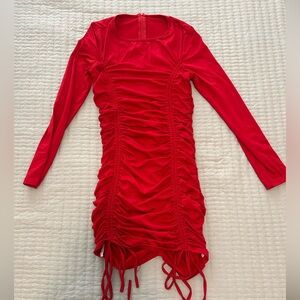 Red Ruched Long Sleeve Dress